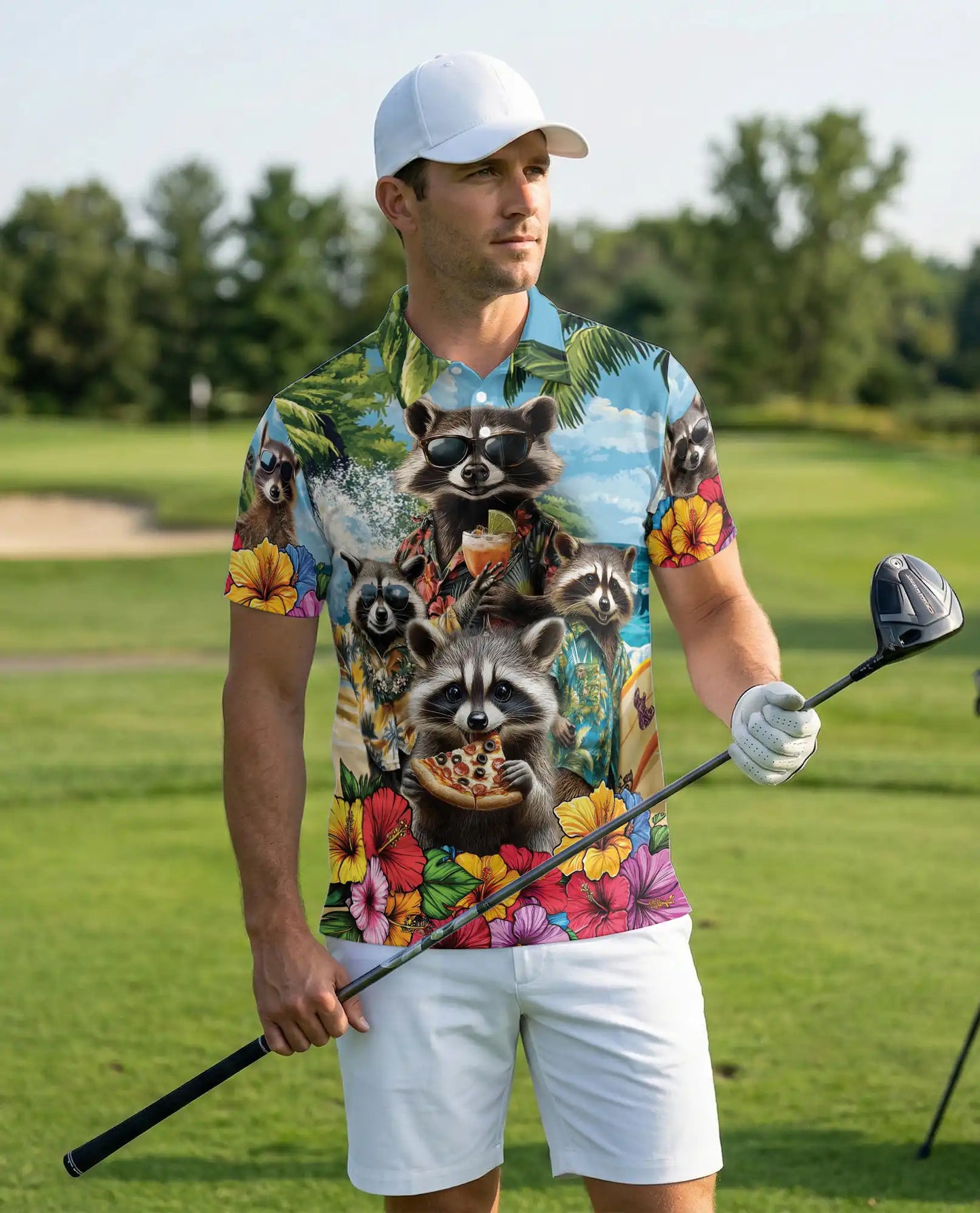 Raccoon Tropical Hawaiian Polo Shirt | Azhobbyshop
