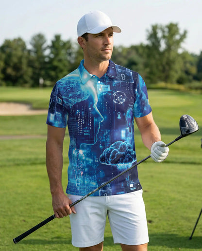 Technology 3D Polo Shirt for Men – Futuristic Digital Brain Cyber Style | Azhobbyshop