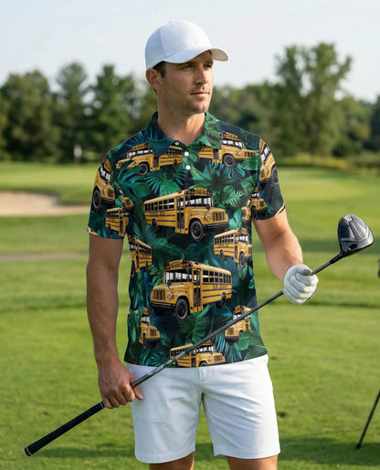 School Bus Hawaiian 3D Polo Shirt for Men – Tropical Driver Style | Azhobbyshop