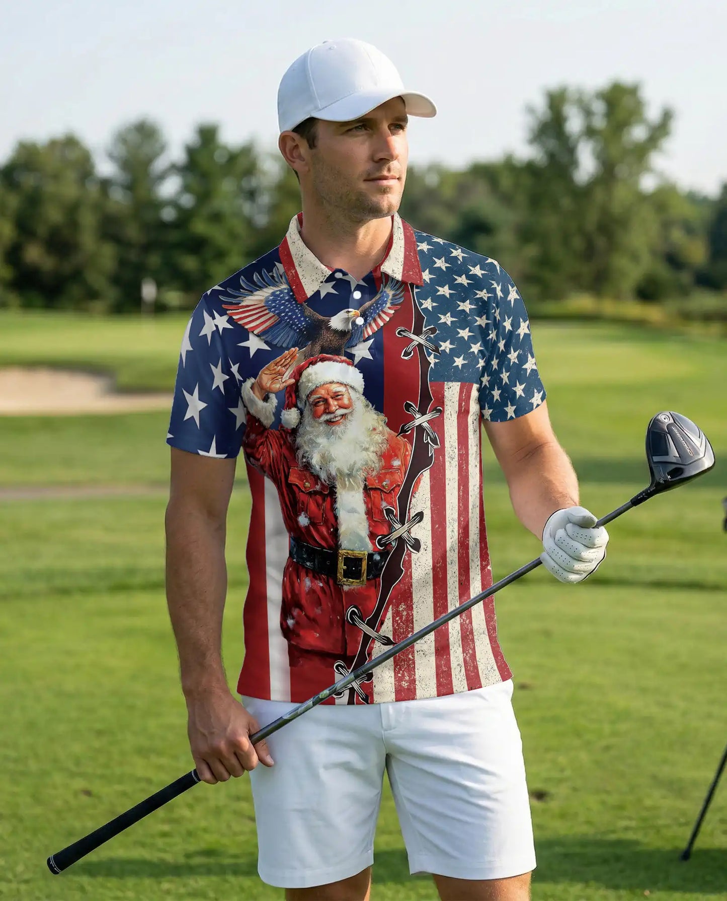 Patriotic Santa Eagle American Flag 3D Polo Shirt | Azhobbyshop