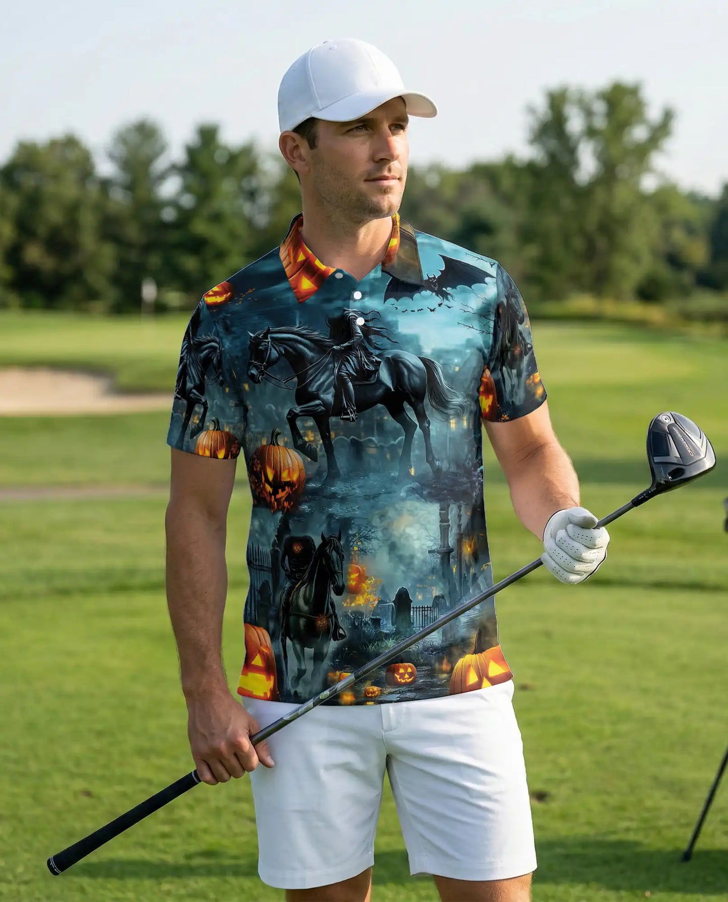 Halloween Dark Rider Horse Pumpkin Polo Shirt | Azhobbyshop