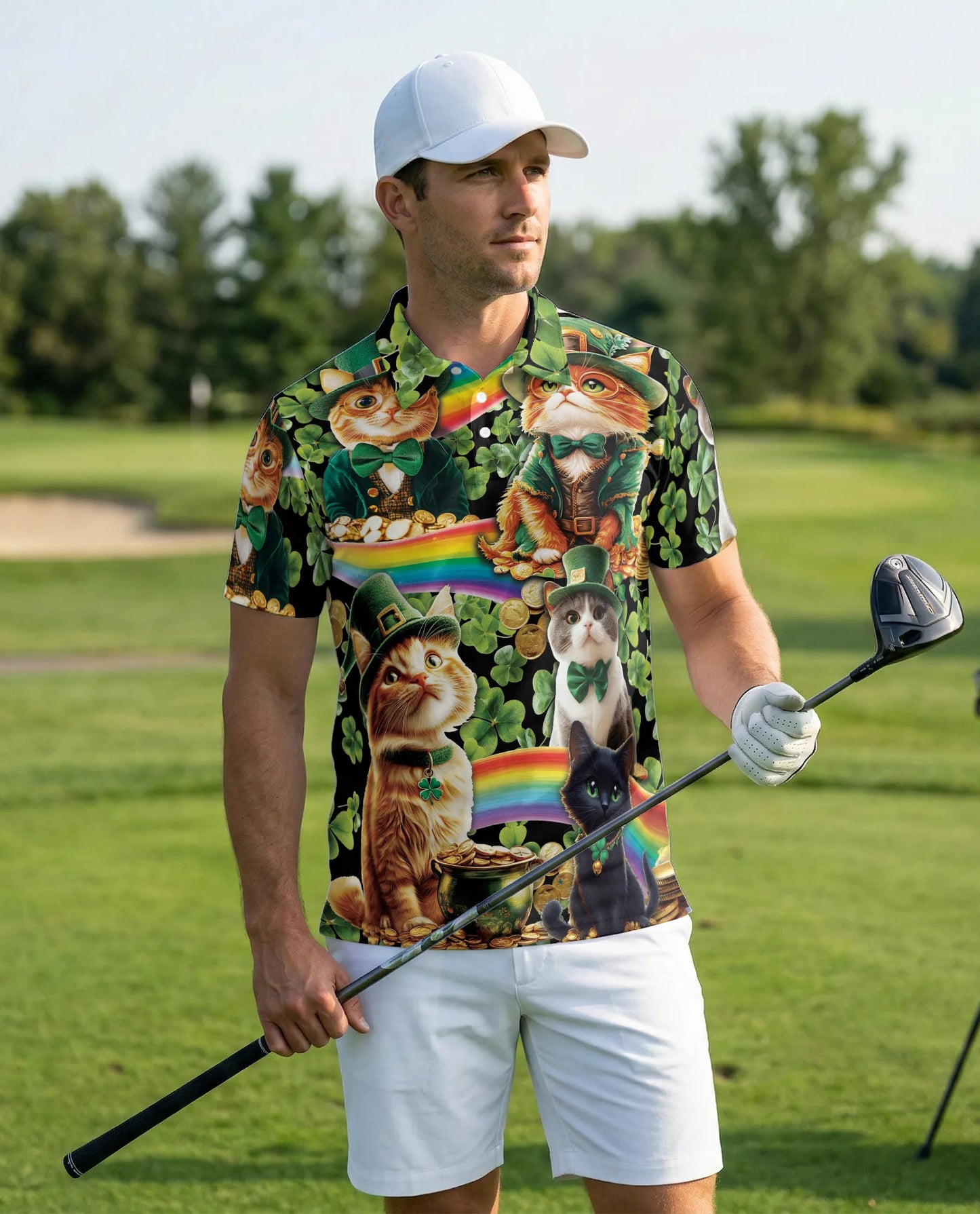 St Patrick Cat 3D Polo Shirt for Men – Lucky Irish Shamrock Style | Azhobbyshop