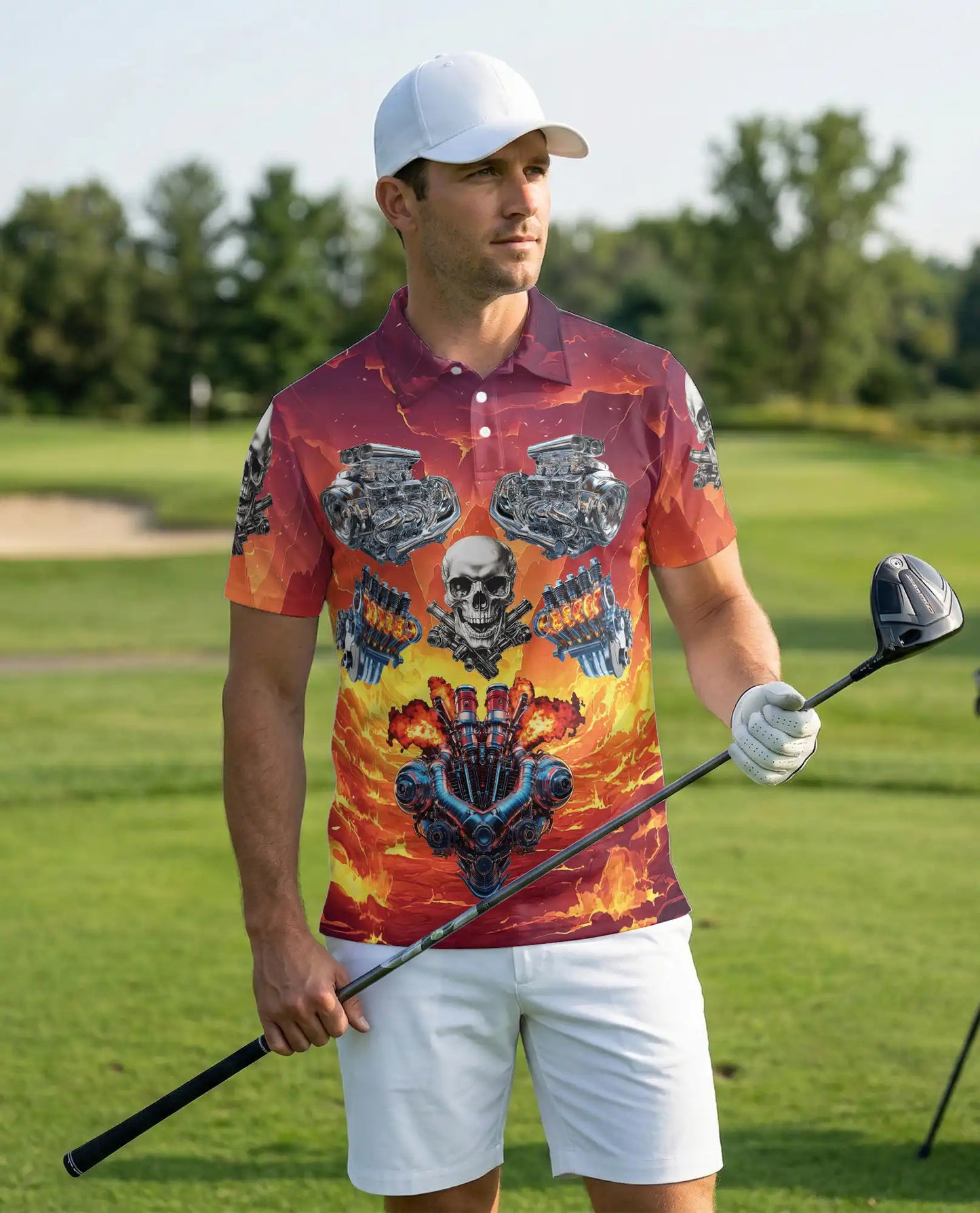 Skull Engine 3D Polo Shirt for Men – Biker Hot Rod Flame Style | Azhobbyshop