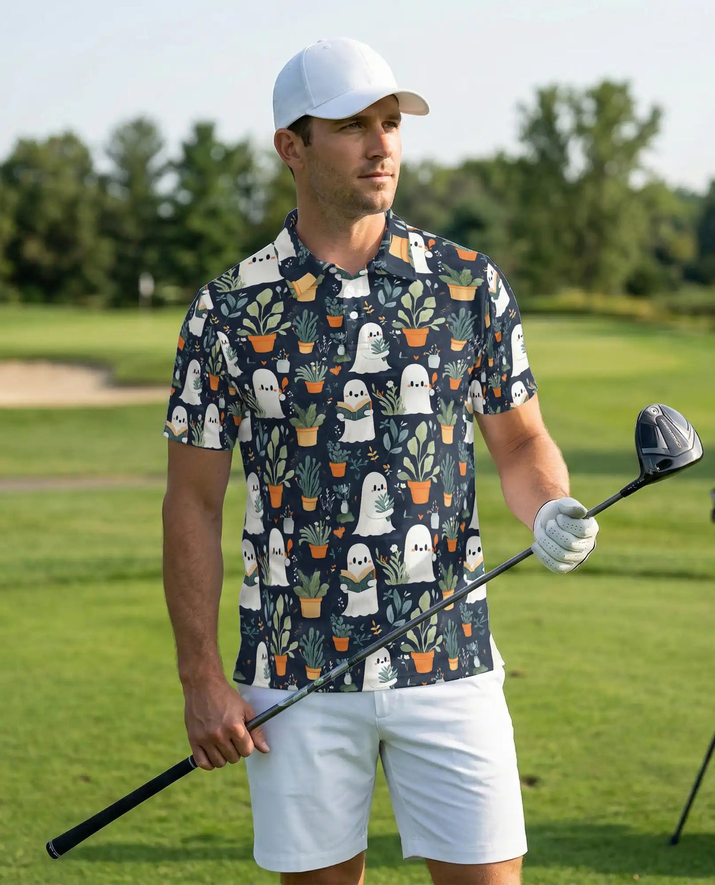 Cute Ghost Plant Polo Shirt for Men – Funny Halloween Garden Style | Azhobbyshop
