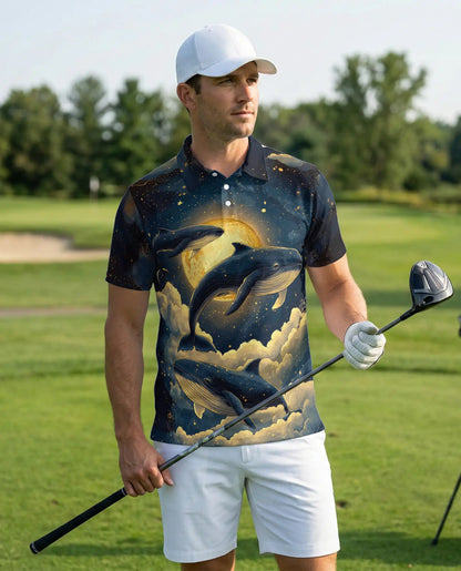 Whale Midnight 3D Polo Shirt for Men – Moonlit Ocean & Starry Sky Print | Azhobbyshop