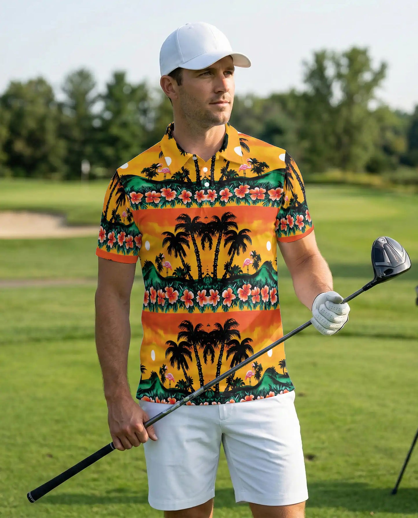 Tropical Sunset Flamingo 3D Polo Shirt for Men – Palm Tree Island Print | Azhobbyshop