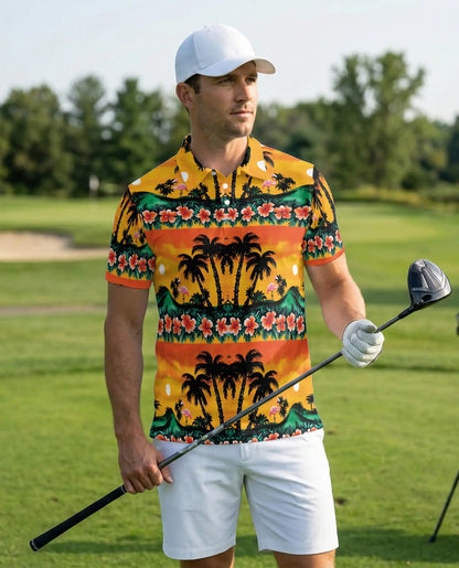 Tropical Sunset Flamingo 3D Polo Shirt for Men – Palm Tree Island Print | Azhobbyshop