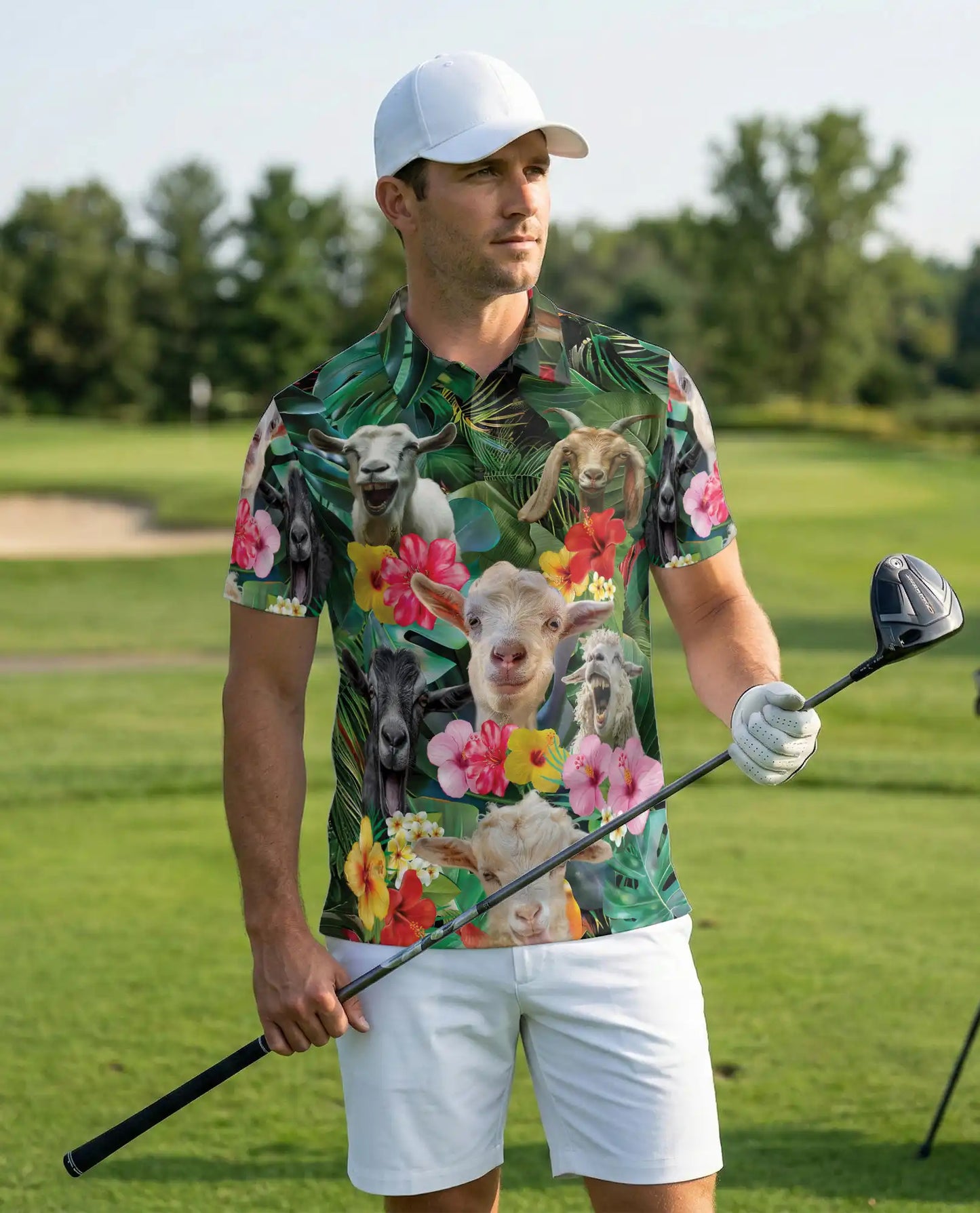 Goat Tropical Polo Shirt – Funny Farm Animal Floral Hawaiian 3D Print | Azhobbyshop