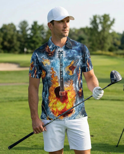 Flaming Guitar 3D Polo Shirt for Men – Rock Music Water Storm Style | Azhobbyshop