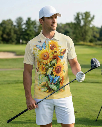 Sunflower Butterfly 3D Polo Shirt for Men – Floral Nature Summer Style | Azhobbyshop