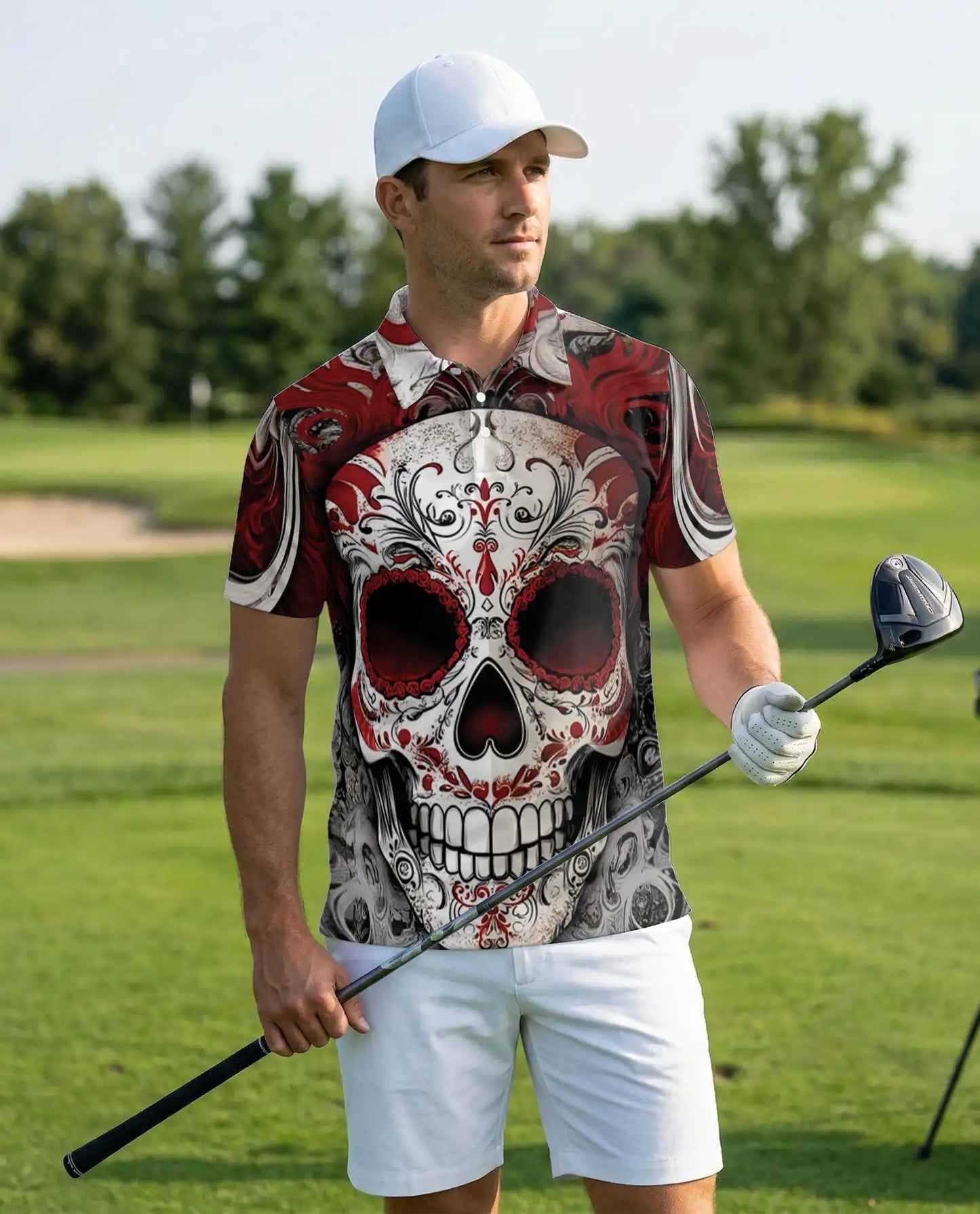 Sugar Skull 3D Polo Shirt for Men – Red Gothic Day of the Dead Style | Azhobbyshop