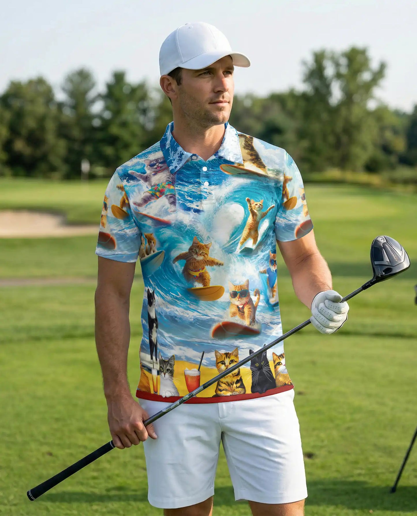 Surfing Cat Polo Shirt- Funny Beach Cat Surf Print Summer Shirt | Azhobbyshop