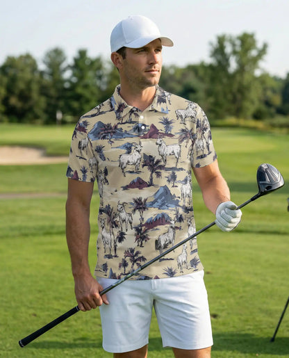 Goat Desert Hawaiian 3D Polo Shirt for Men – Funny Farm Animal Retro Style | Azhobbyshop