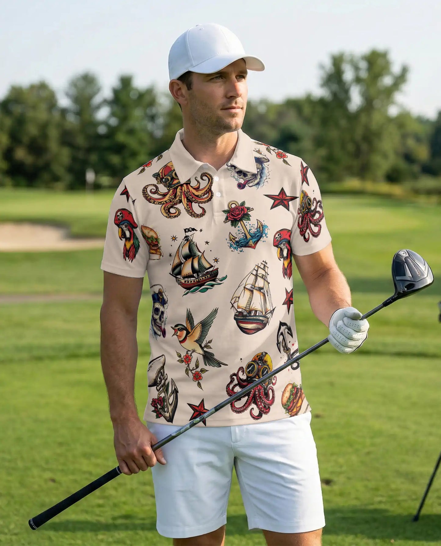 Tattoo Style 3D Polo Shirt for Men – Vintage Nautical & Skull Print | Azhobbyshop