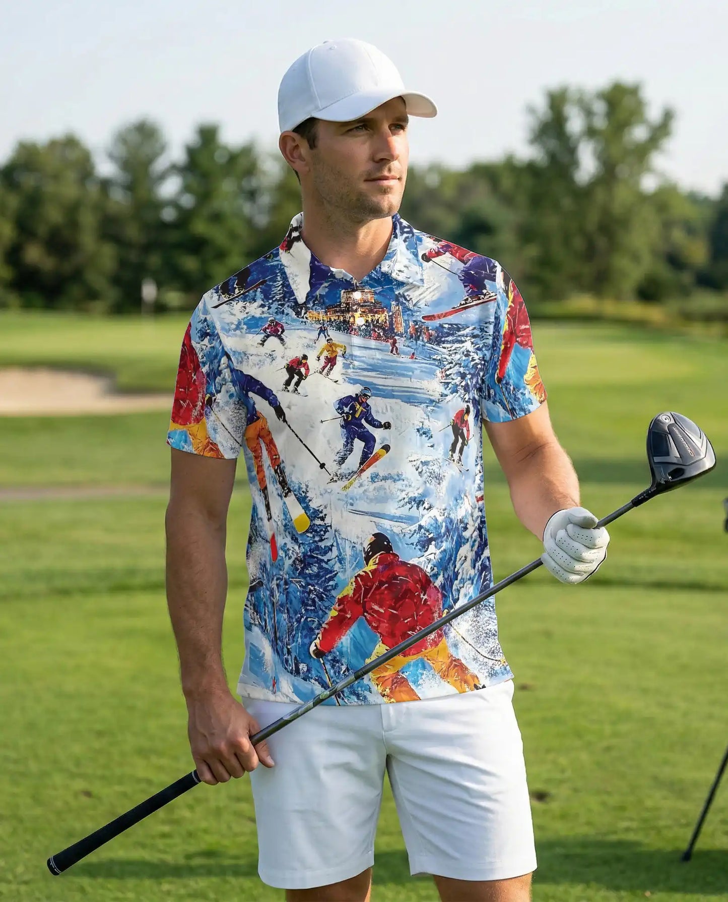 Skiing 3D Polo Shirt for Men – Colorful Winter Mountain Style | Azhobbyshop