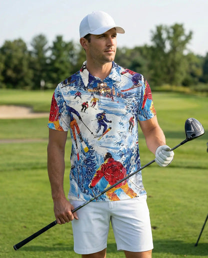 Skiing 3D Polo Shirt for Men – Colorful Winter Mountain Style | Azhobbyshop