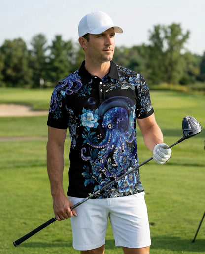 Blue Octopus Floral Polo Shirt – Ocean Sea Life Art Print | Azhobbyshop