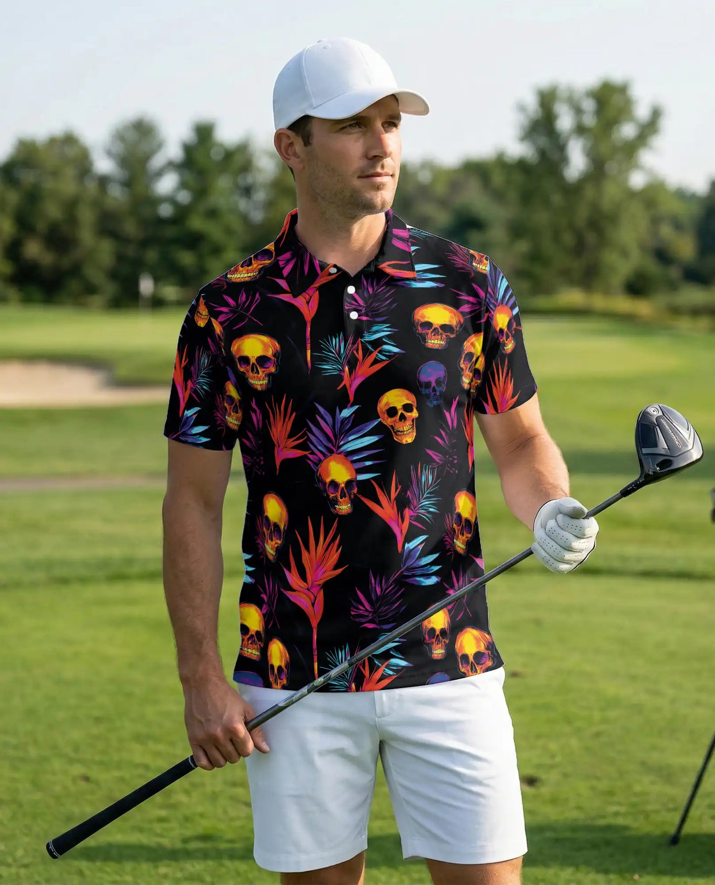 Colorful Skull Spooky Polo Shirt – Neon Tropical Skull Print | Azhobbyshop