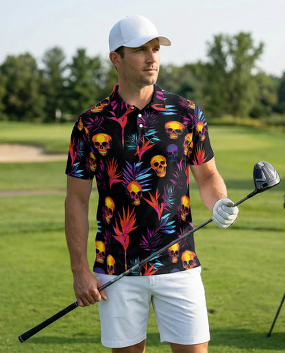 Colorful Skull Spooky Polo Shirt – Neon Tropical Skull Print | Azhobbyshop