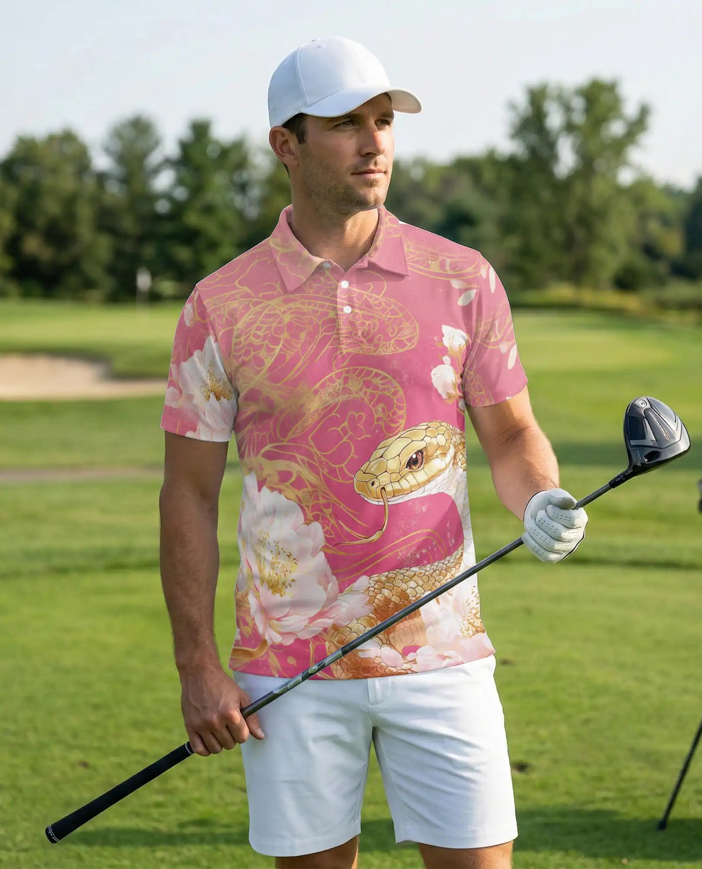 Golden Snake Floral 3D Polo Shirt for Men – Elegant Pink Serpent Art Print | Azhobbyshop