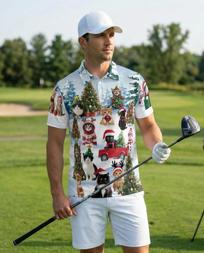 Cat Christmas Santa Polo Shirt – Cute Kitten Holiday Tree Snow 3D Print | Azhobbyshop