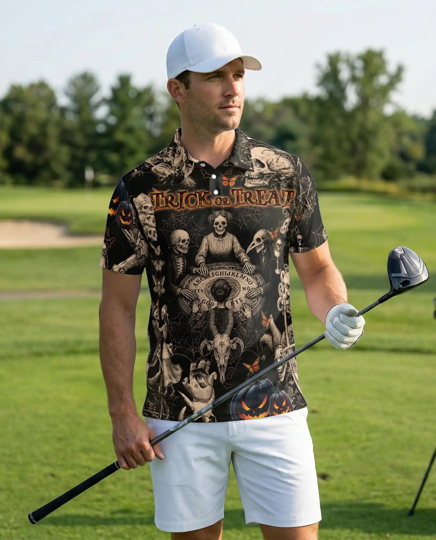 Trick or Treat Skull 3D Polo Shirt for Men – Halloween Gothic Horror Style | Azhobbyshop