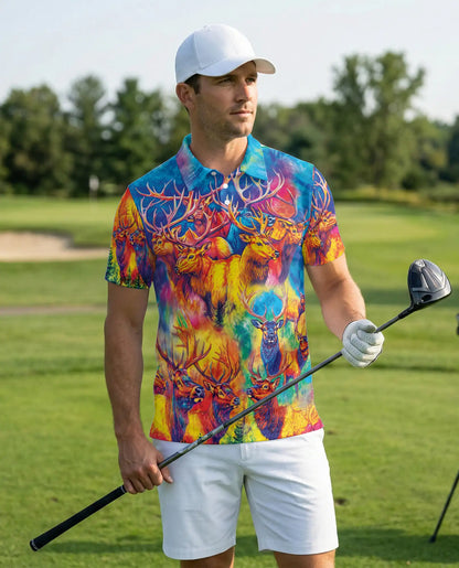 Colorful Elk Moose 3D Polo Shirt for Men – Psychedelic Wildlife Art Print | Azhobbyshop
