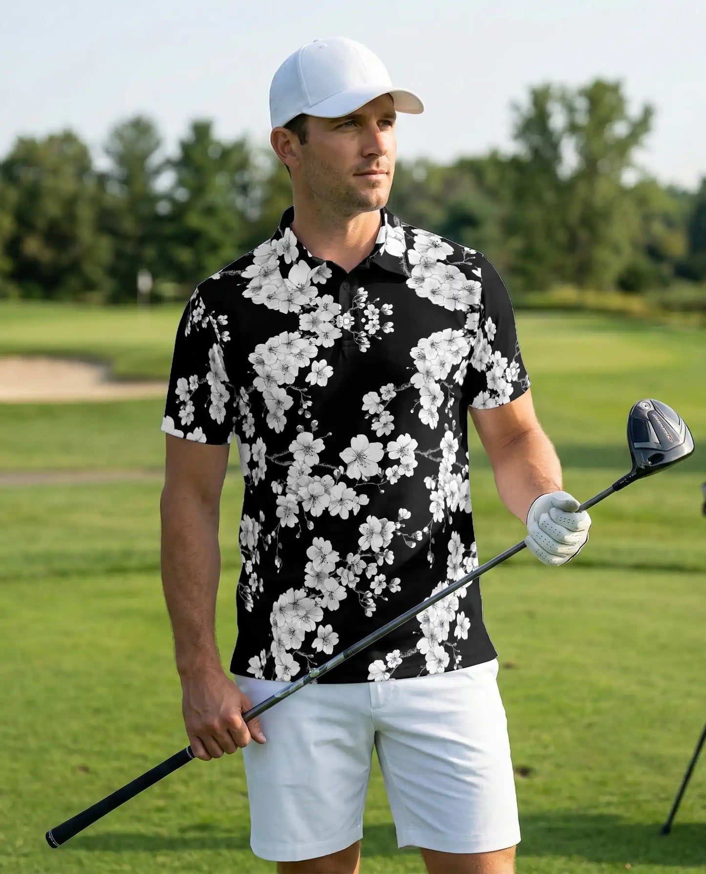 Black White Floral Polo Shirt – Japanese Sakura Hawaiian Style Shirt | Azhobbyshop