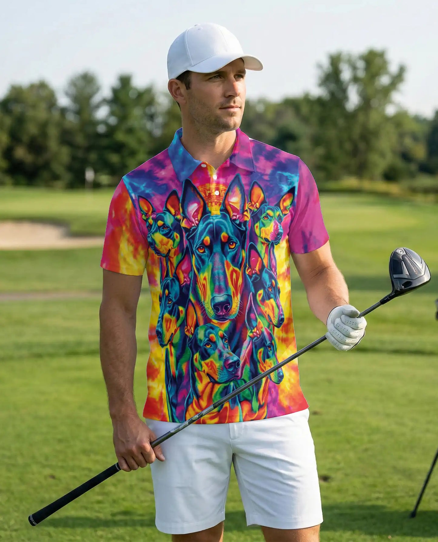 Doberman 3D Polo Shirt for Men – Colorful Psychedelic Dog Lover Style | Azhobbyshop