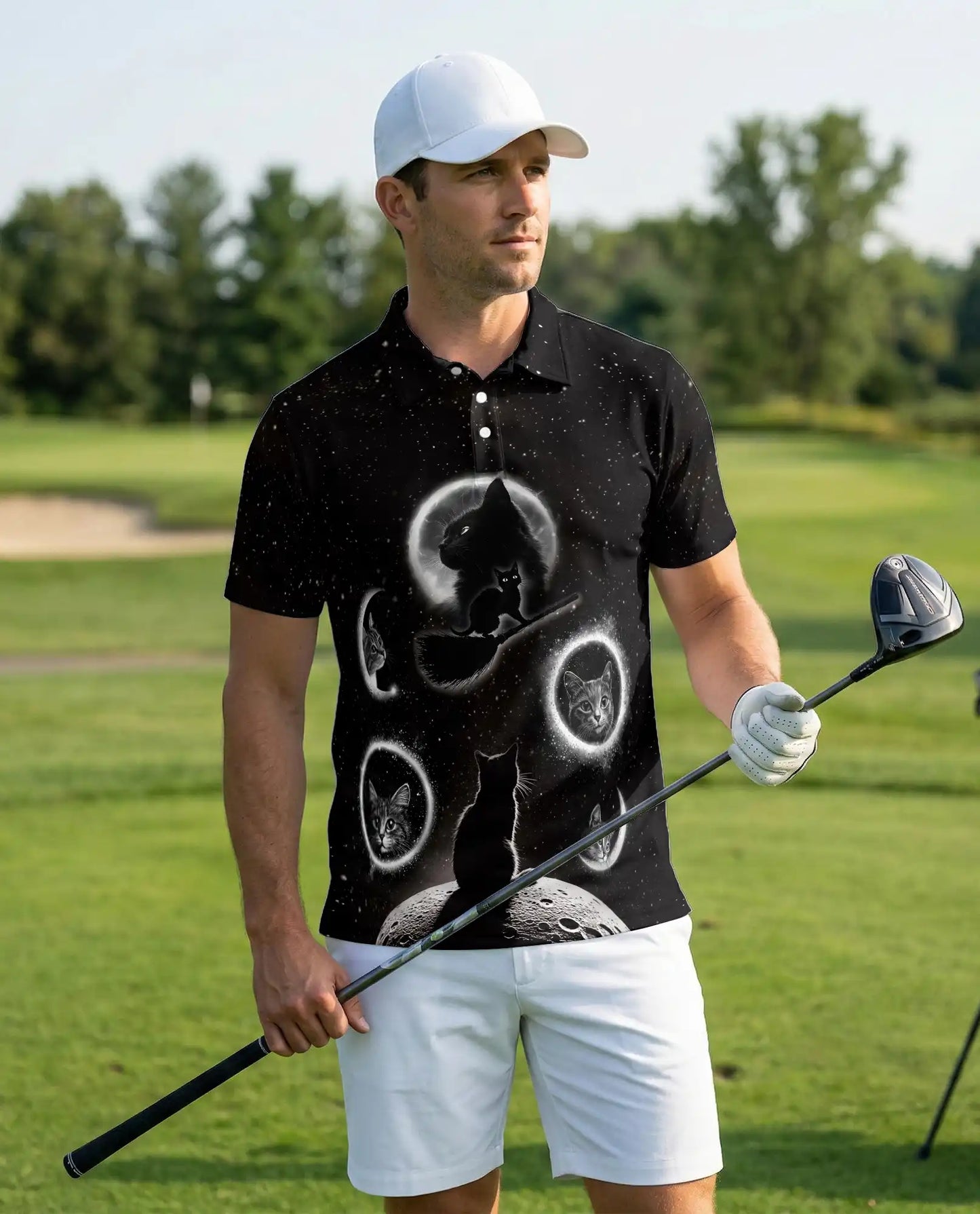 Black Cat Moon Galaxy Polo Shirt | Azhobbyshop