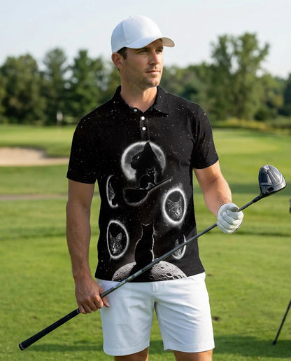 Black Cat Moon Galaxy Polo Shirt | Azhobbyshop
