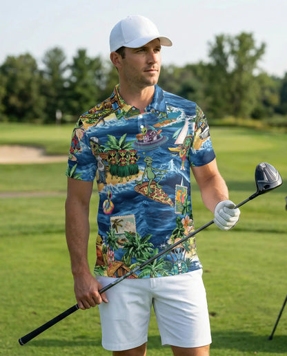 Funny Alien Hawaiian Polo Shirt- Tropical Beach Vacation Style | Azhobbyshop