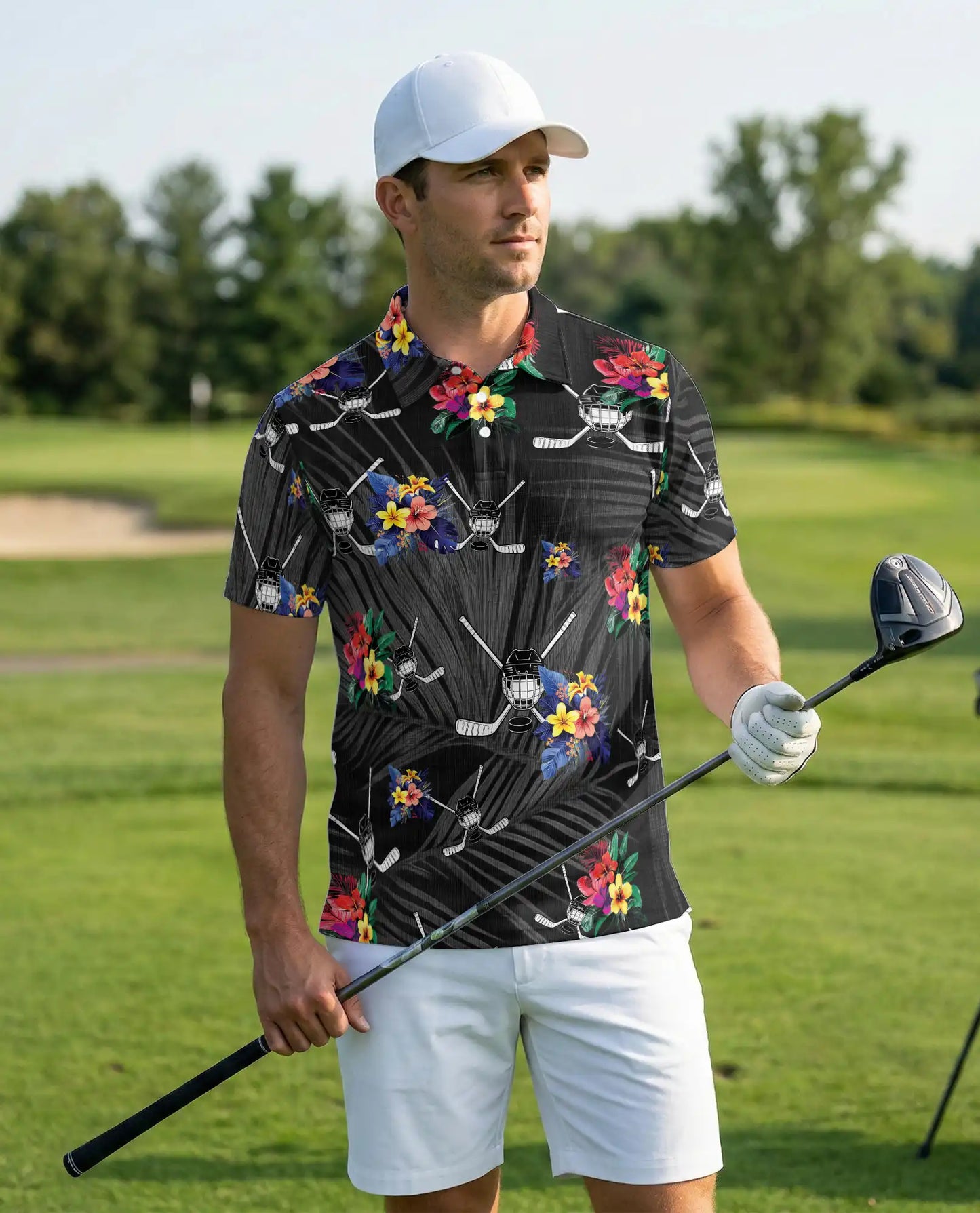 Hockey Hawaiian 3D Polo Shirt for Men – Tropical Ice Hockey Floral Style | Azhobbyshop