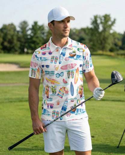 Beach Summer Vibes 3D Polo Shirt for Men – Surf, Sunglasses & Tropical Print | Azhobbyshop