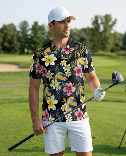 Volleyball Flower 3D Polo Shirt for Men – Tropical Sport Floral Style | Azhobbyshop