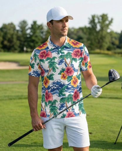 Awesome Tropical Hibiscus Polo Shirt – Ocean Waves & Palm Tree Summer Style | Azhobbyshop