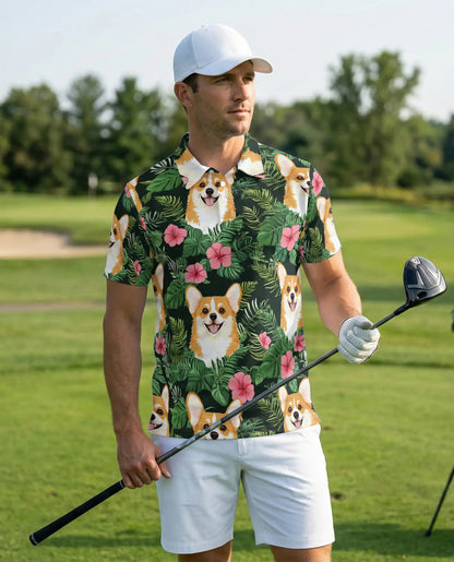 Corgi Love Flower Polo Shirt- Cute Dog Tropical Floral Shirt | Azhobbyshop