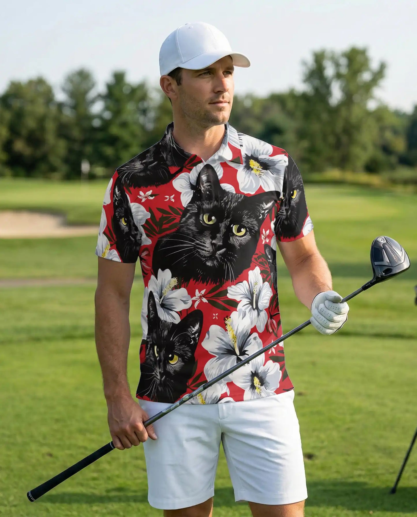 Black Cat Polo Shirt – Red Hibiscus Tropical Floral 3D Print | Azhobbyshop