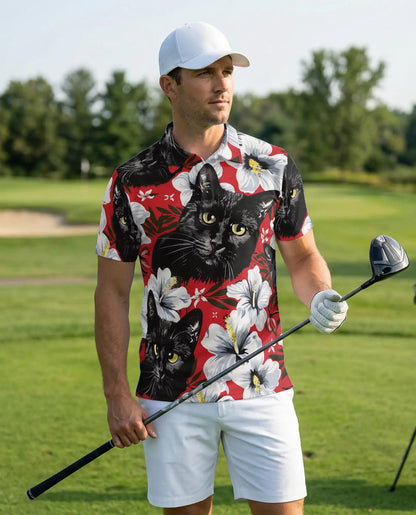 Black Cat Polo Shirt – Red Hibiscus Tropical Floral 3D Print | Azhobbyshop