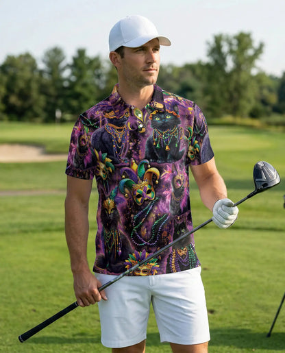 Mardi Gras Black Cat Hawaiian Polo Shirt – Carnival Mask Cat Shirt | Azhobbyshop