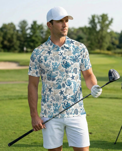 Ocean Coral Starfish 3D Polo Shirt for Men – Coastal Sea Life Hawaiian Style | Azhobbyshop