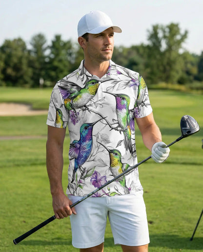 Hummingbird 3D Polo Shirt for Men – Colorful Bird Floral Art Style | Azhobbyshop