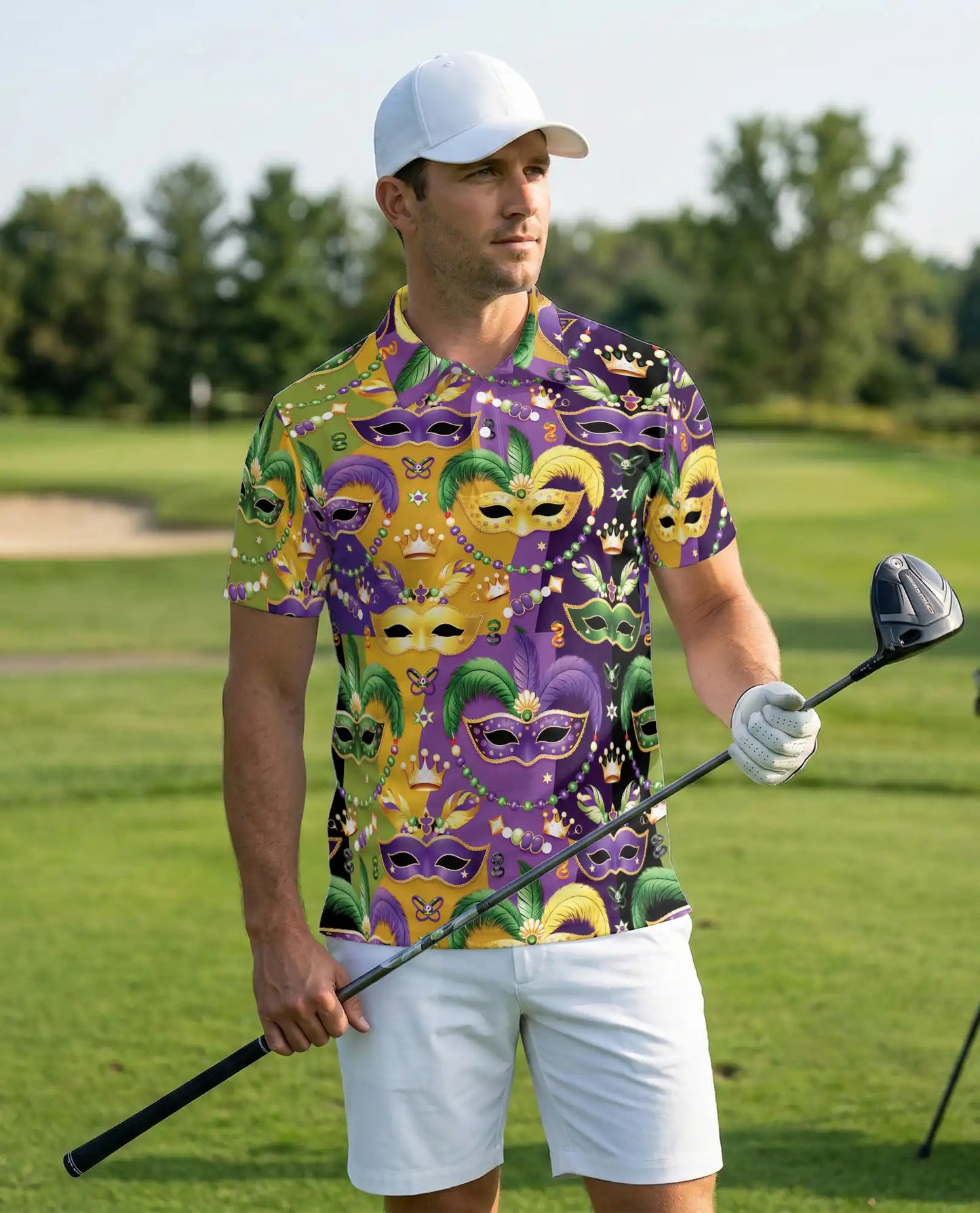 Mardi Gras Mask Carnival Polo Shirt Purple Gold | Azhobbyshop