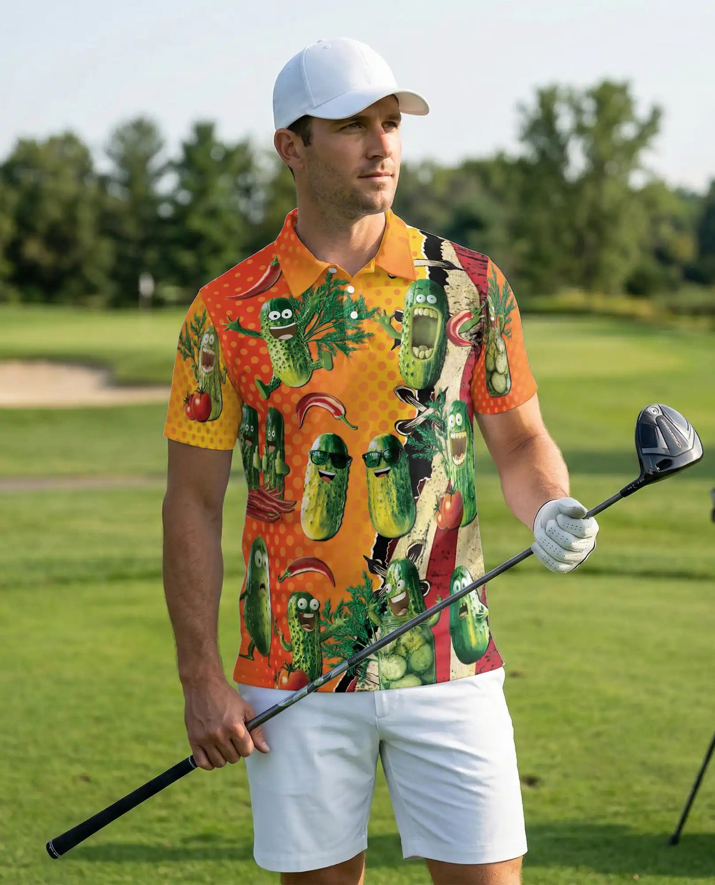 Funny Pickle Cartoon 3D Polo Shirt for Men – Cute Cucumber Humor Design | Azhobbyshop