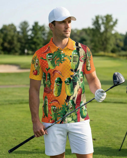 Funny Pickle Cartoon 3D Polo Shirt for Men – Cute Cucumber Humor Design | Azhobbyshop