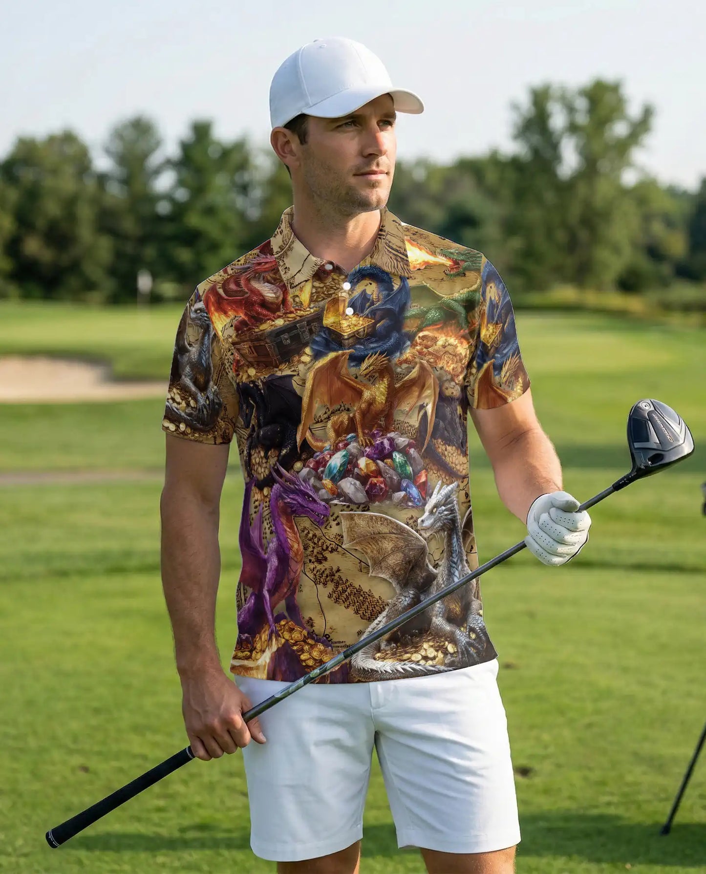 Fantasy Fire Dragon Treasure Hoard 3D Polo Shirt – Epic Dragon Art | Azhobbyshop