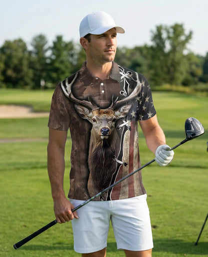 Deer Hunting Polo Shirt- American Flag Hunter Outdoor Style | Azhobbyshop