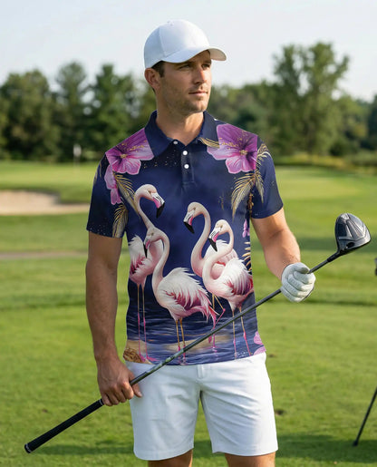 Flamingo Night 3D Polo Shirt for Men – Tropical Birds & Floral Print | Azhobbyshop