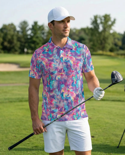 Neon Flower 3D Polo Shirt for Men – Vibrant Tropical Glow Floral Print | Azhobbyshop