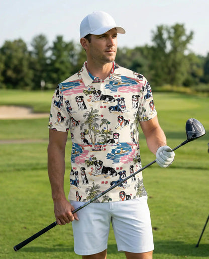 Border Collie Hawaiian 3D Polo Shirt for Men – Tropical Dog Beach Style | Azhobbyshop